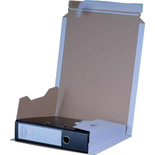 Ordnerversandverpackung DIN A4, 320 x 285 x 35-80 mm, weiß, mit Haftklebung und Aufreißfaden