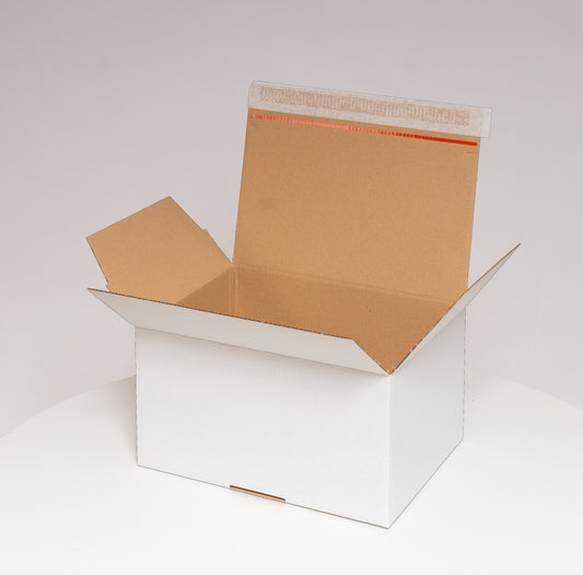 Automatikbodenkarton 310 x 230 x 160 mm weiß mit Selbstklebeverschluss und Aufreißfaden