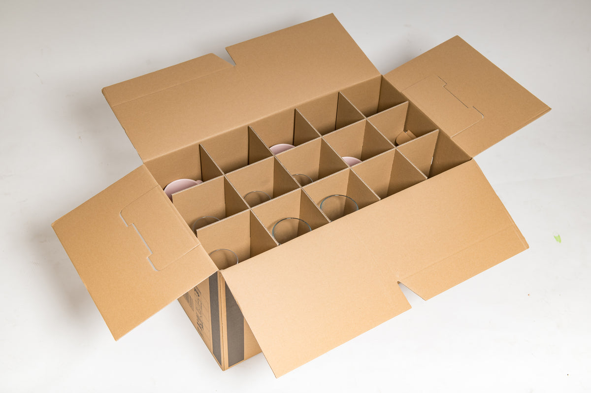 Gläserkarton 640 x 340 x 360 mm, braun, mit Gefache und Einlage