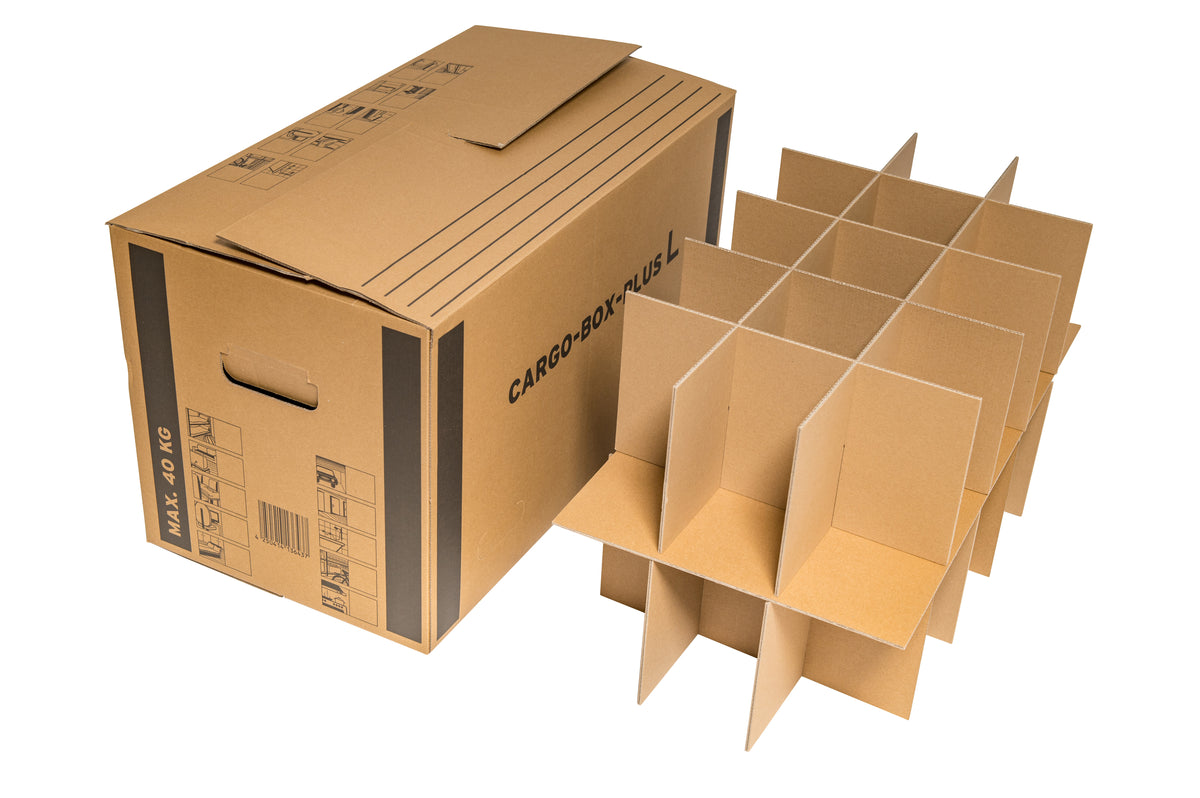 Gläserkarton 640 x 340 x 360 mm, braun, mit Gefache und Einlage